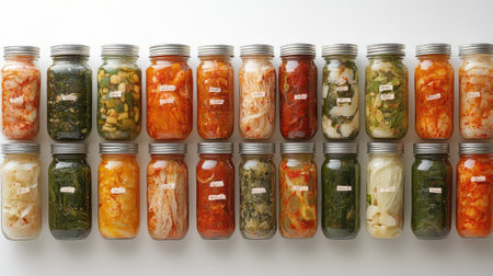 A stunning display of various preserved foods in glass jars, showcasing an array of vibrant colors and textures, perfect for food enthusiasts and home cooks.の素材