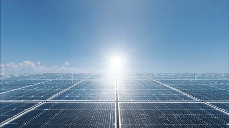Bright solar panel array captures sunlight on a clear day, showcasing modern renewable energy technology. Ideal for promoting sustainability and clean energy solutions.の素材