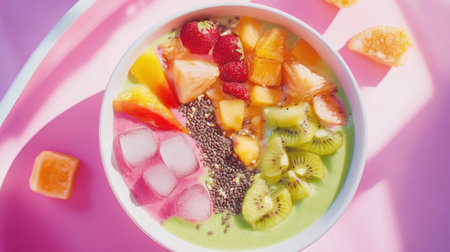 A vibrant fruit bowl featuring a mix of fresh kiwi, raspberry, mango, and tropical slices. Perfect for healthy eating or colorful presentations.の素材
