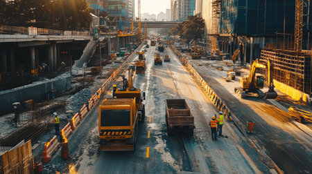 A bustling construction site featuring heavy machinery and workers under a sunset sky. This image captures the essence of urban development and ongoing projects.の素材