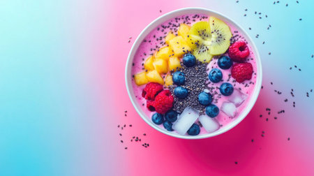A vibrant and fresh smoothie bowl topped with assorted fruits like raspberry, blueberry, and kiwi, perfect for a healthy snack or breakfast option.の素材
