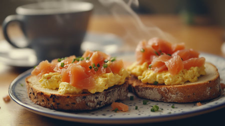 Warm toasted bread topped with fluffy scrambled eggs and fresh salmon. Perfect for a delightful breakfast or brunch experience. Enjoy the aroma!の素材