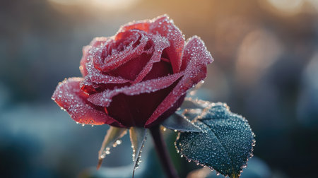 A stunning closeup of a dew-covered rose bathed in soft morning light, showcasing the beauty of nature and elegance in every petal. Perfect for floral themes.の素材
