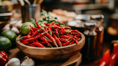 A rustic wooden bowl filled with fresh red chilies adds vibrant color to a kitchen countertop, surrounded by various cooking ingredients and herbs.の素材