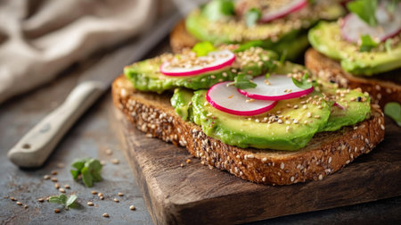 A delicious avocado toast topped with radish slices and sesame seeds, presented on a rustic wooden board. Perfect for a healthy breakfast or snack.の素材