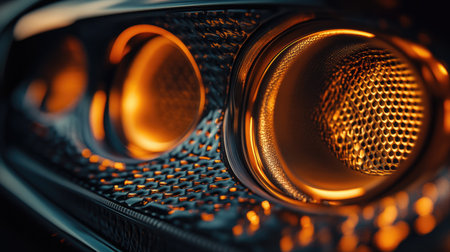 A stunning close-up of a car headlight showcasing intricate details and warm orange glow. The sleek design captures technology and luxury in automotive craftsmanship.の素材