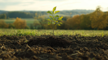 A young plant emerges from rich soil, symbolizing growth and renewal. The serene landscape captures the essence of nature's beauty and sustainability.の素材