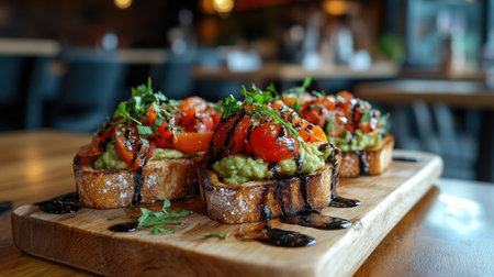 Indulge in a vibrant serving of fresh avocado toast topped with grilled cherry tomatoes and balsamic drizzle, perfect for any mealtime.の素材