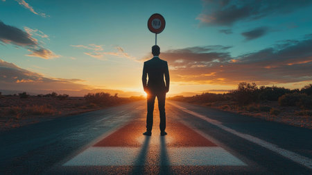 A silhouetted man in a suit stands at the edge of a road at sunset, facing a vibrant horizon with a sign overhead, evoking feelings of journey and contemplation.の素材