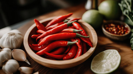 Vibrant red chilies arranged in a wooden bowl with garlic, lime, and greens. Perfect for culinary uses, this image captures freshness and flavor.の素材