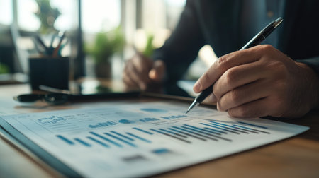 A professional analyzes data on paper with charts and graphs. The setting reflects a modern office environment, showcasing business planning and insights.の素材