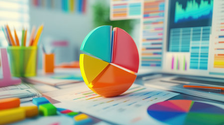 A vibrant pie chart stands prominently on a modern office desk, surrounded by colorful stationery and various data visualizations, illustrating data analysis and statistical review.の素材