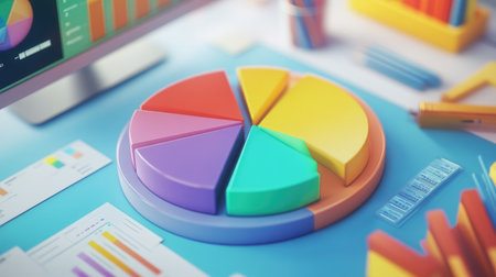 A vibrant pie chart displayed on a desk symbolizes data analysis and visualization, set against a colorful office backdrop with graphs and reports.の素材