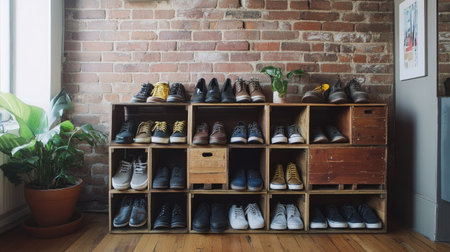 This image showcases a stylish wooden shoe storage solution against a rustic brick wall, featuring a variety of footwear and decorative plants, enhancing modern interior aesthetics.の素材