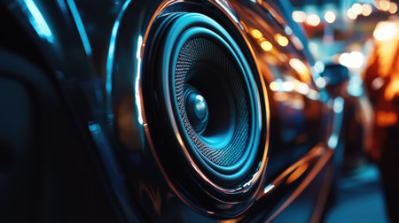 A vibrant close-up view of a car speaker showcasing intricate design and modern technology, perfect for themes of music, sound quality, and automotive style.の素材