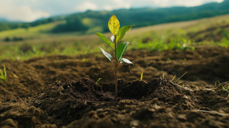 A young plant emerges from rich soil, symbolizing growth and renewal in a vibrant natural landscape. Perfect for themes of sustainability and ecology.の素材