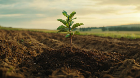 A vibrant seedling emerges from rich soil, symbolizing growth and renewal in a tranquil rural landscape at sunset. Perfect for nature themes.の素材