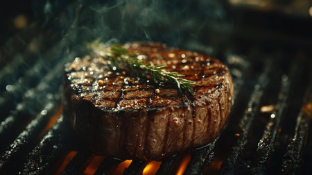 A succulent grilled steak garnished with fresh herbs, sitting atop a barbecue grill. The smoky aroma and charred surface create an enticing culinary experience.の素材
