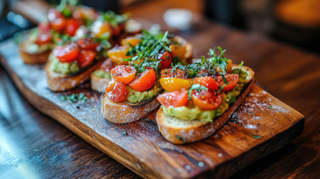 Delight in a fresh avocado toast topped with juicy cherry tomatoes and aromatic herbs, perfect for a nutritious breakfast or snack. Ideal for food lovers!の素材