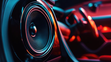 Close-up of a vibrant car audio system, showcasing the sleek design of the speaker. This image emphasizes modern technology and stylish aesthetics for music lovers.の素材