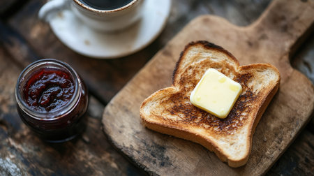 A warm slice of freshly toasted bread topped with butter and jam, paired with a cup of coffee, evokes a cozy, rustic breakfast scene. Perfect for food lovers.の素材