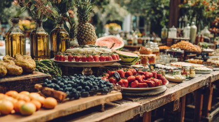 A stunning outdoor feast showcasing a variety of fresh fruits, vegetables, and gourmet dishes arranged beautifully on rustic tables. Ideal for event planning inspiration.の素材