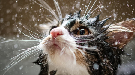 A charming cat with wet fur gazes up in wonder, surrounded by sparkling droplets of water, capturing the essence of playful curiosity and joyful spirit.の素材