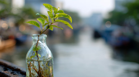 A serene image featuring a green plant with visible roots in a glass bottle, set against a tranquil water background. The scene symbolizes nature and growth.の素材