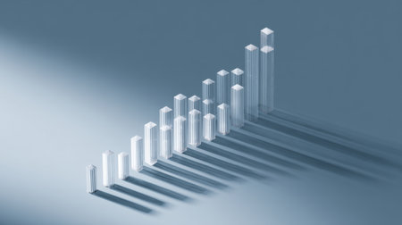This image features an abstract 3D visualization of business growth, with translucent bars creating a sense of depth and subtle shadows on a gray background.の素材