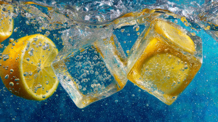 Experience the vibrancy of summer with this captivating close-up of lemon slices and ice cubes dancing in sparkling water, encapsulating freshness and joy.の素材