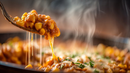 A mouthwatering cheesy casserole featuring corn and a spicy sauce is served hot on a spoon, creating a steamy and inviting atmosphere in the kitchen. Enjoy!の素材