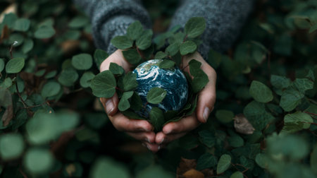 A person gently holds a small globe surrounded by lush green leaves, highlighting the importance of environmental awareness, protection, and sustainability.の素材