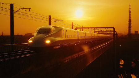 A high-speed train glides over a railway bridge during a stunning sunset, creating a beautiful blend of technology and nature in the urban landscape.の素材