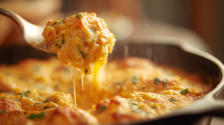 A mouth-watering cheesy casserole served in a cast iron skillet, showcasing melted cheese and crispy topping, perfect for any meal or gathering.の素材