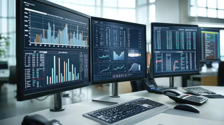 A modern office setup featuring multiple computer monitors displaying financial analytics and market data, suitable for professionals and traders.の素材