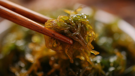 A close-up view of fresh seaweed salad being picked up with chopsticks, showcasing its vibrant green color and texture, perfect for healthy eating and Asian cuisine.の素材