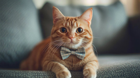 This charming ginger cat wearing a stylish bowtie lounges comfortably on a soft sofa, showcasing a delightful blend of elegance and cuteness.の素材