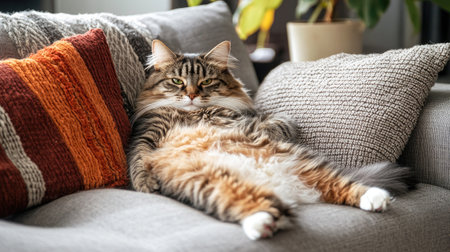A fluffy cat lounges comfortably on a soft couch, surrounded by cozy cushions. The scene captures the essence of relaxation and home comfort.の素材