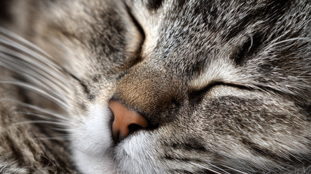 A beautiful close-up of a sleeping tabby cat, showcasing soft fur and a peaceful expression. The gentle light creates a serene atmosphere, perfect for animal lovers.の素材