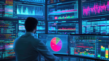 A data analyst studies various graphs and charts on multiple screens, showcasing modern data visualization techniques in a high-tech workspace environment.の素材