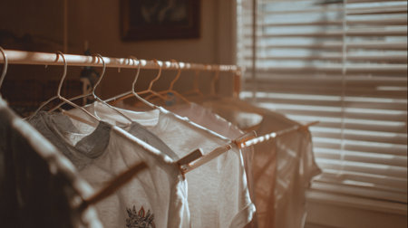 A serene scene of t-shirts hanging on a rack, bathed in soft morning light. The gentle play of shadows creates an inviting and warm atmosphere, perfect for lifestyle imagery.の素材
