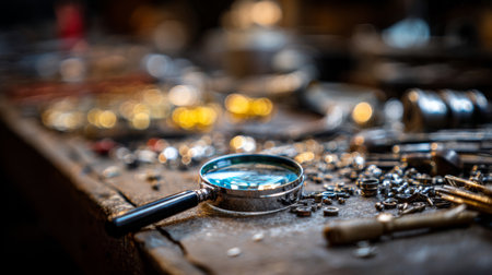 A detailed close-up view of a magnifying glass on an aged workbench cluttered with various tools and metal objects, showcasing a creative workspace atmosphere.の素材