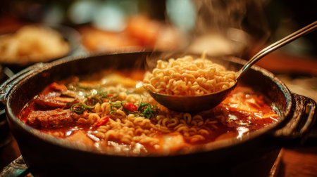 A cozy bowl of steaming hot ramen soup featuring tender noodles, fresh vegetables, and vibrant spices, perfect for a comforting meal in a warm atmosphere.の素材