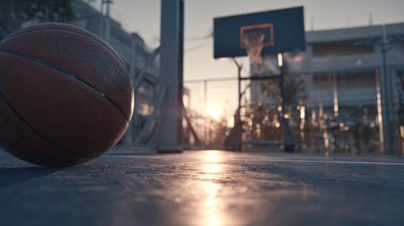 Early morning light casts a warm glow on an empty basketball court, with a ball resting on the pavement, creating a serene atmosphere for sports enthusiasts.の素材
