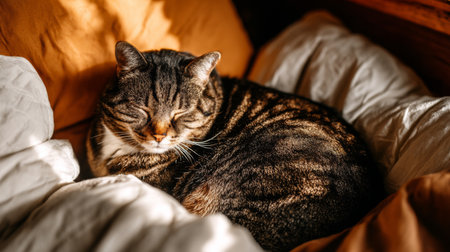 A soft tabby cat peacefully napping in a warm, inviting setting surrounded by fluffy blankets, creating a serene atmosphere perfect for relaxation and comfort.の素材