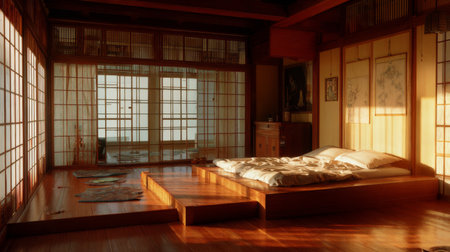 This image captures a serene Japanese bedroom featuring tatami flooring and a minimalist design, inviting tranquility and comfort into any home environment.の素材