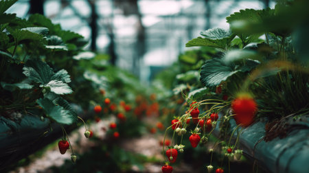 A captivating scene of fresh strawberries growing inside a greenhouse, showcasing vibrant red fruits nestled among lush green leaves under soft natural light.の素材