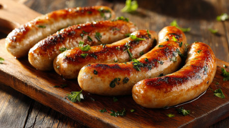 Mouthwatering sausages are perfectly grilled and garnished with fresh herbs on a rustic wooden board, ideal for any culinary presentation or summer gathering.の素材
