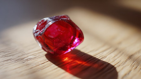 A stunning red gemstone resting on a wooden surface, showcasing vibrant hues and reflections. Ideal for creative photography, art projects, or elegant backgrounds.の素材