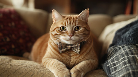 A charming orange tabby cat wearing a stylish bow tie relaxes on a cozy couch, showcasing its adorable expression and comfortable home setting.の素材